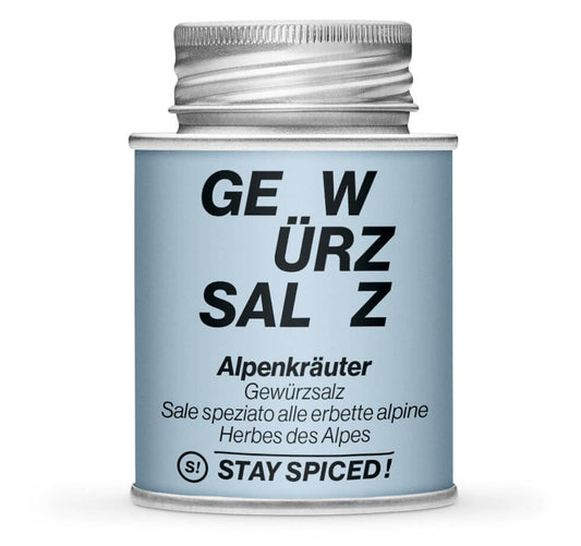 Alpenkräuter Gewürzsalz - Geschlossene hellblaue Gewürzdose von STAY SPICED