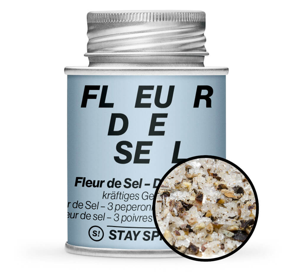 Fleur de Sel Drei Pfeffer - Hellblaue Gewürzdose mit kleiner runder Gewürz-Vorschau von STAY SPICED! bei Chefkoch-Gewürze