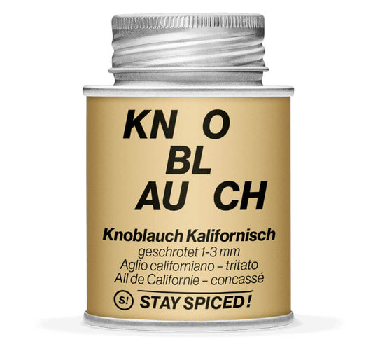 Hellbraune Gewürzdose mit Knoblauchflakes, geschrotet 1-3mm von STAY SPICED! bei Chefkoch-Gewürze