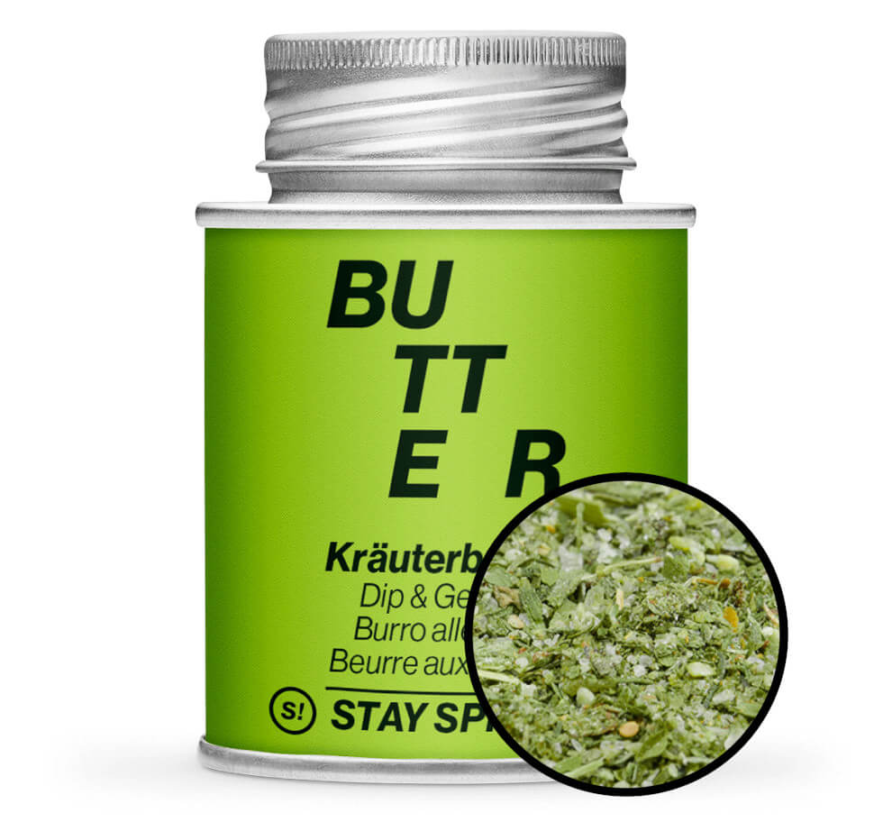 Kräuterbutter Gewürz - Grüne Gewürzdose mit kleiner runder Gewürz-Vorschau von STAY SPICED ! bei Chefkoch-Gewürze