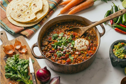 Ein Topf Chili con Carne mit Schokolade steht neben Tortillas, Chili, Zwiebeln, Kräutern und Guacamole