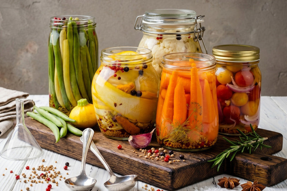 Mehrere Gläser mit eingemachtem Gemüse stehen auf einem Holzbrett, gefüllt mit Bohnen, Rüebli, Blumenkohl und Tomaten