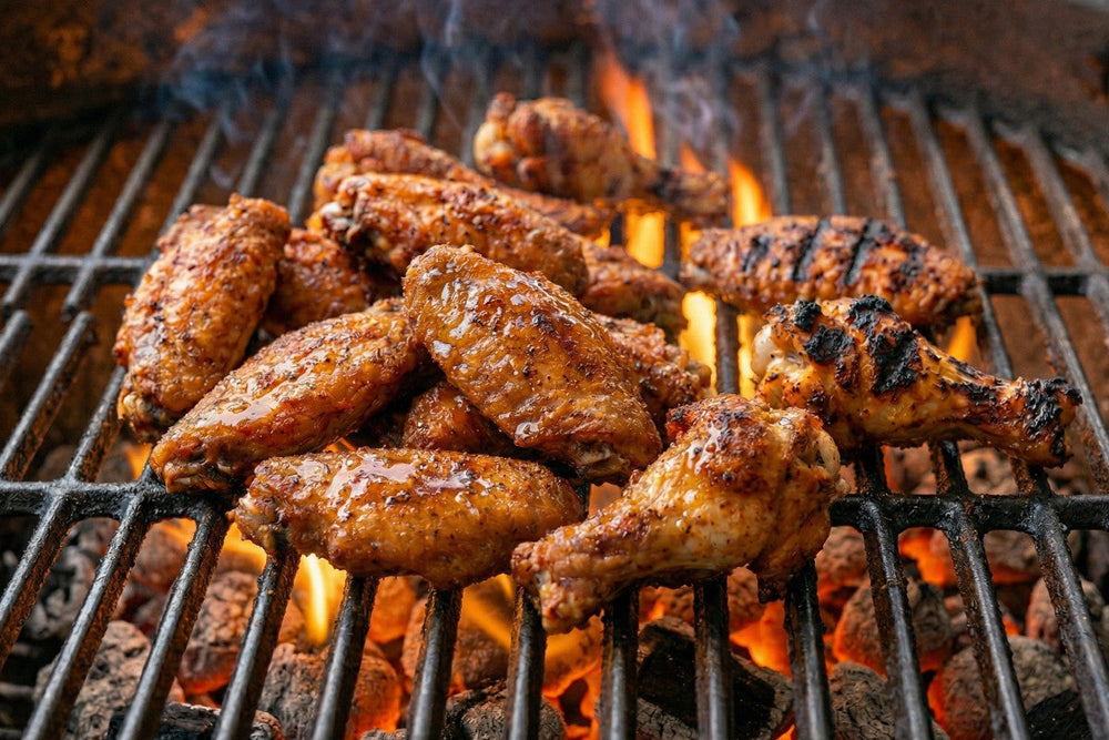 Pouletflügeli und Schenkel grillieren knusprig über offener Glut und zeigen ein Rezept für saftiges, extra crispy Grillpoulet.