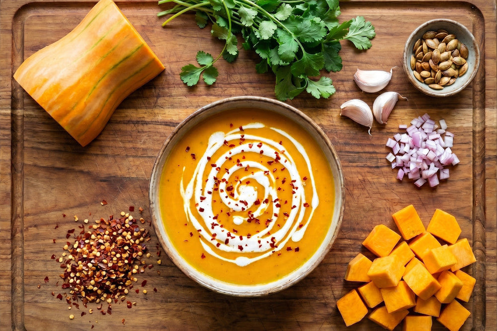 Eine cremige Kürbissuppe mit Rahmspirale steht neben Kürbiswürfeln, Chili, Knoblauch, Kräutern und Kürbiskernen.