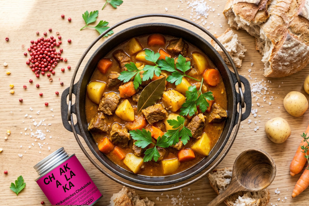 Ein südafrikanischer One-Pot mit Chakalaka, Fleisch, Kartoffeln und Rüebli steht im Topf neben Brot und Gewürzdose