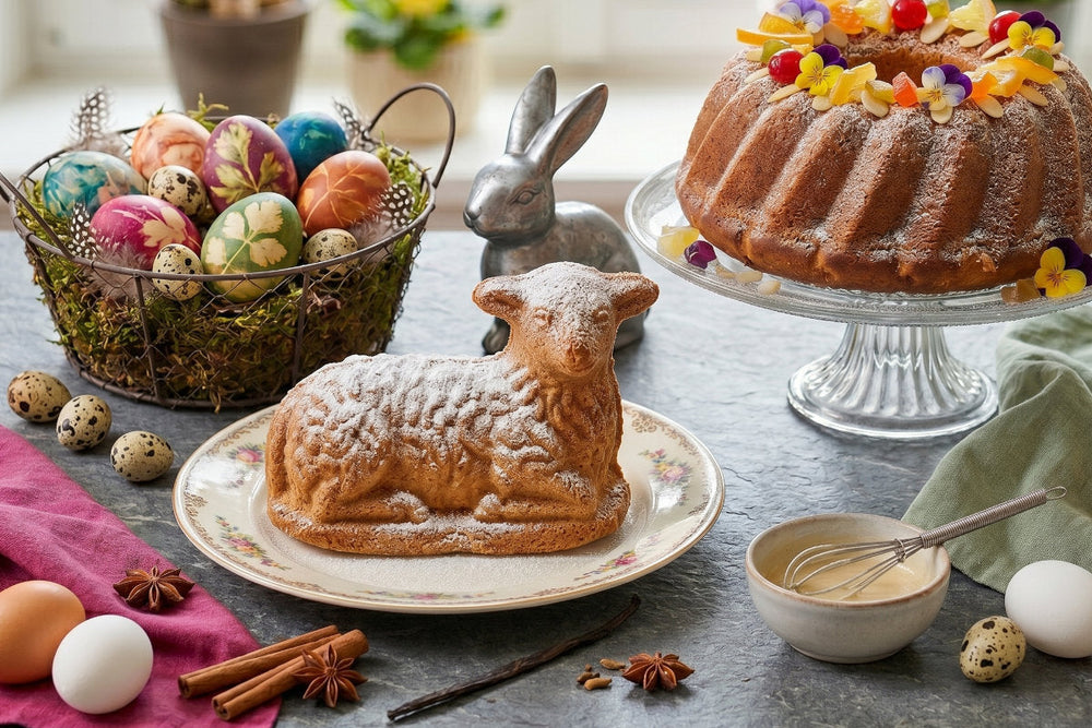 Ein Osterlamm Kuchen steht mit Puderzucker, bunten Ostereiern, Gewürzen und einem Gugelhupf auf einer festlichen Tafel