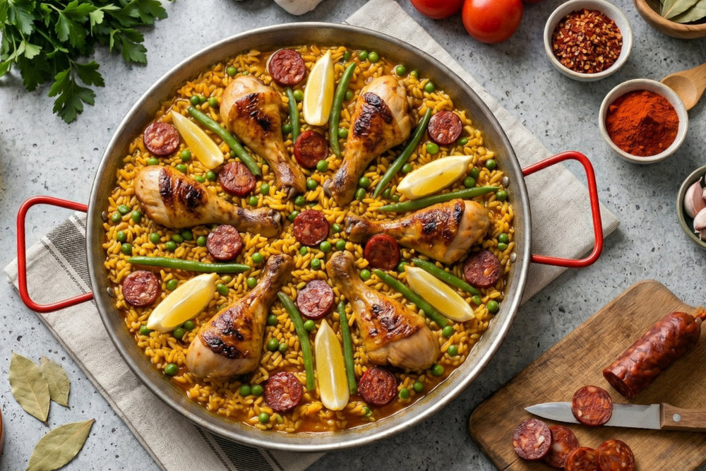 Eine Paella mit Poulet, Chorizo, Erbsen, Bohnen und Zitronenspalten liegt in einer grossen Pfanne auf hellem Untergrund