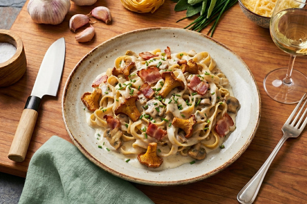 Ein Teller Bandnudeln mit Pilzen, cremiger Sauce, Speck und Schnittlauch steht auf einem Holztisch mit Knoblauch und Kräutern