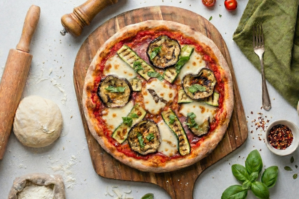 Eine selbstgemachte Pizza mit Aubergine, Zucchetti, Mozzarella und Basilikum liegt auf einem Holzbrett neben Teig und Gewürzen