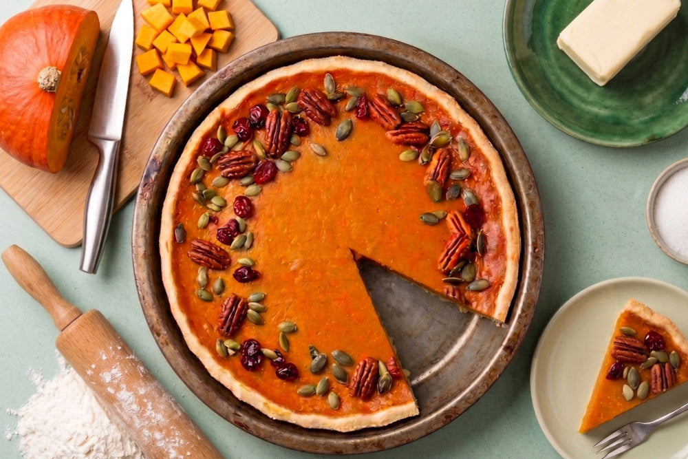 Ein Pumpkin Pie mit Pekannüssen, Kürbiskernen und Cranberrys liegt in einer Form, daneben Kürbis, Teigrolle und Mehl