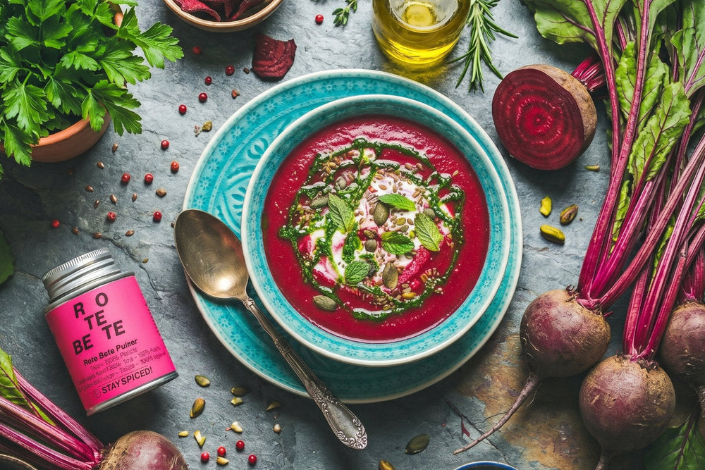 Eine rubinrote Randen Suppe steht mit Kokos-Minze Rahmschaum, Kürbiskernen, Pistazien und frischen Randen auf dem Tisch