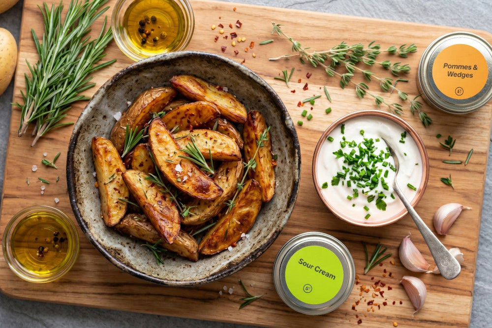 Goldbraune Kartoffel Wedges liegen mit Sour Cream Dip, Kräutern, Knoblauch und Gewürzdosen auf einem Holzbrett