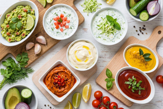 Mehrere selbstgemachte Dip-Saucen stehen mit Guacamole, Kräuterdip, Tomatensauce, Gurken, Avocado und Limetten auf dem Tisch