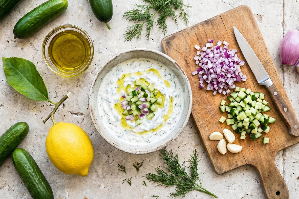 Frisch zubereitetes Zaziki in einer Schüssel mit gewürfelten Gurken, roten Zwiebeln, frischem Dill, Olivenöl und Zitronen – der griechische Saucen-Klassiker von Chefkoch-Gewürze
