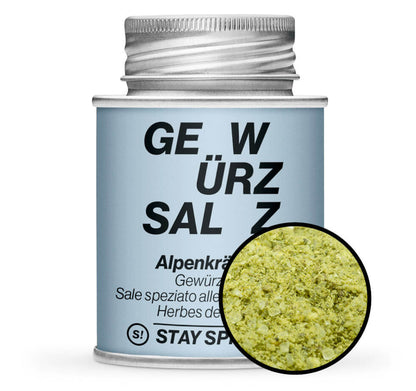 Alpenkräuter Gewürzsalz - Hellblaue Gewürzdose mit kleiner runder Gewürz-Vorschau von STAY SPICED ! bei Chefkoch-Gewürze