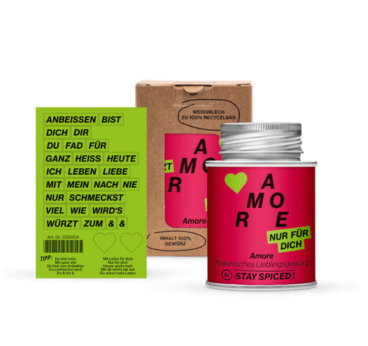 Valentinstag Gewürz Geschenkbox AMORE mit beiliegendem Stickerset zur Personalisierung