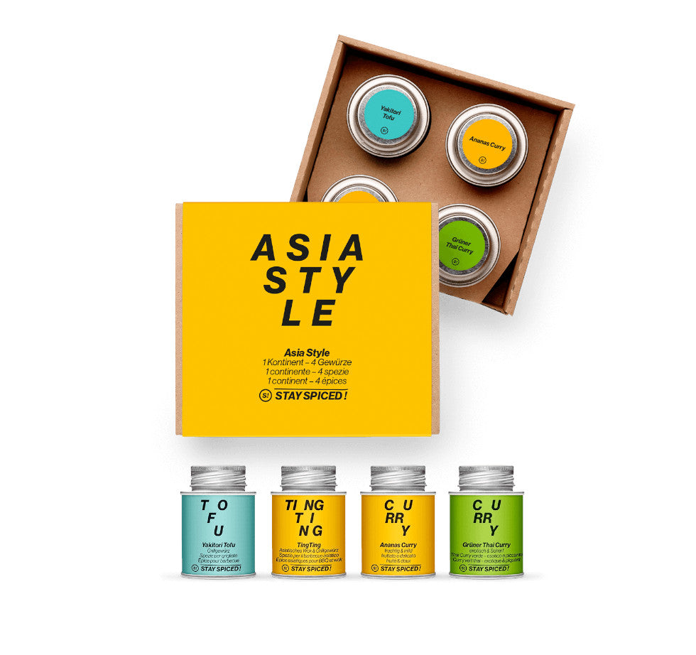 Die asiatische Geschenkbox von STAY SPICED ! präsentiert vier erlesene Spezialitäten für authentische Wok- und Grillgerichte