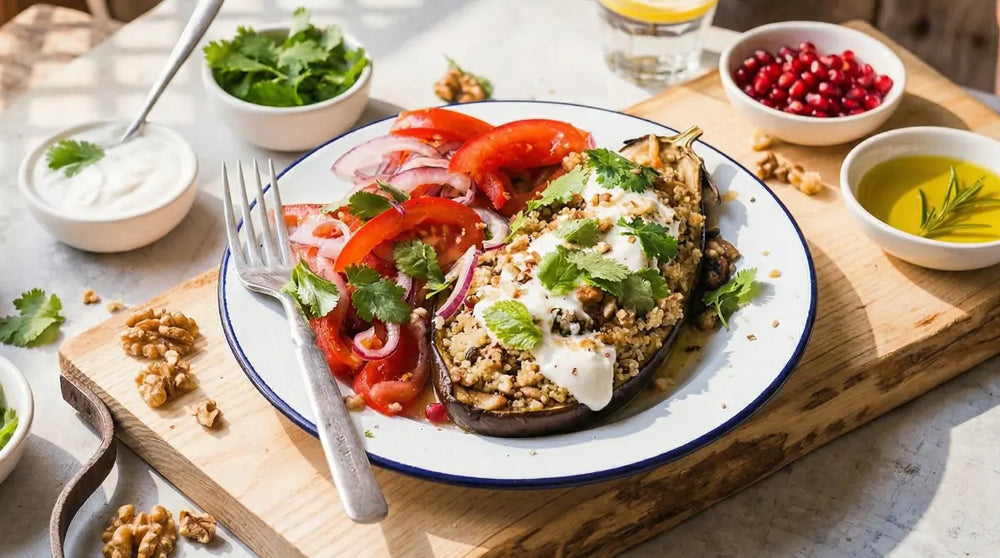 Köstlich gefüllte Aubergine mit Tomatensalat und Joghurt-Dip verfeinert mit mediterranen Gewürzen online kaufen bei chefkoch-gewürze Schweiz