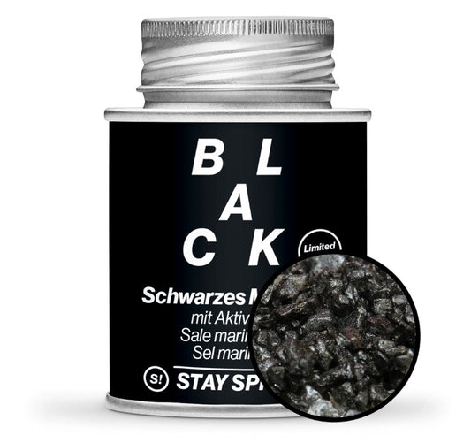 Black Friday schwarzes Meersalz - Schwarze Gewürzdose mit kleiner runder Gewürz-Vorschau von STAY SPICED ! bei Chefkoch-Gewürze
