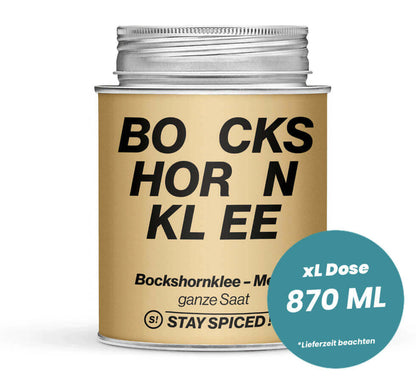 Grosse ockerfarbene XL-Dose mit Bockshornkleesamen - Saat ganz von STAY SPICED! bei Chefkoch-Gewürze