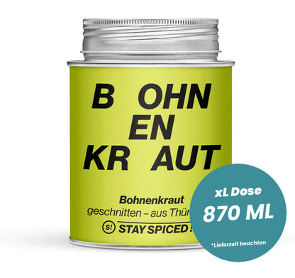 Grosse hellgrüne XL-Dose mit Bohnenkraut geschnitten - original Thüringer von STAY SPICED! bei Chefkoch-Gewürze