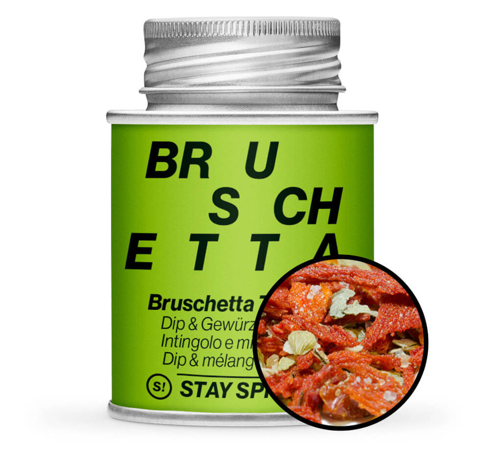 Bruschetta Toscana - Hellgrüne Gewürzdose mit kleiner runder Gewürz-Vorschau von STAY SPICED! bei Chefkoch-Gewürze