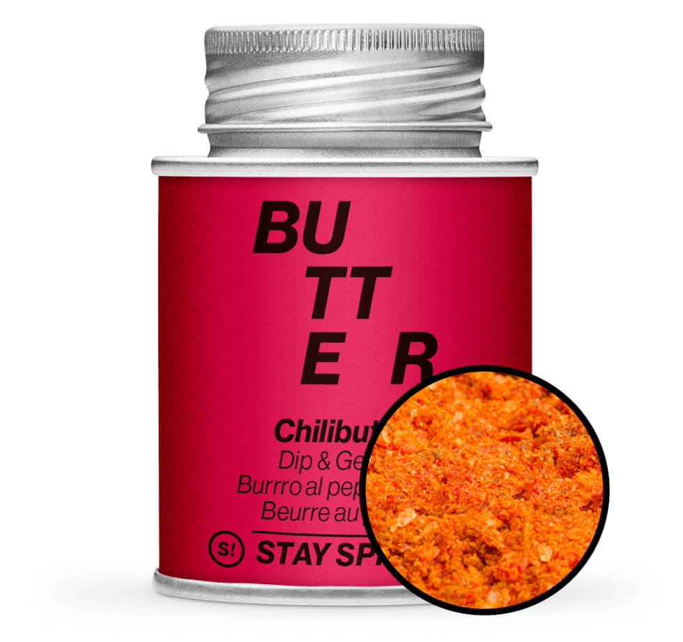 Chilibutter - Dip & Streugewürz - Rote Gewürzdose mit kleiner runder Gewürz-Vorschau von STAY SPICED ! bei Chefkoch-Gewürze