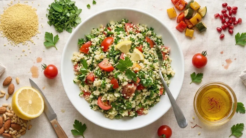 Frischer nordafrikanischer Couscous-Salat mit Tomaten, Kräutern und Zitrone verfeinert mit authentischen afrikanischen Gewürzen online kaufen bei chefkoch-gewürze Schweiz