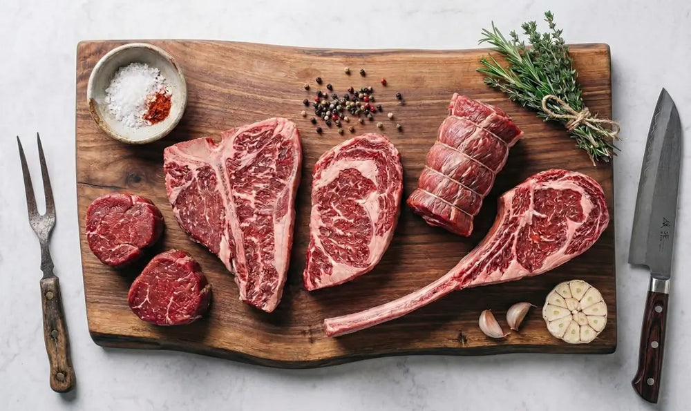 Rohes Rindfleisch, T-Bone Steak und Fleischstücke auf einem massiven Holzbrett online kaufen bei chefkoch-gewürze Schweiz
