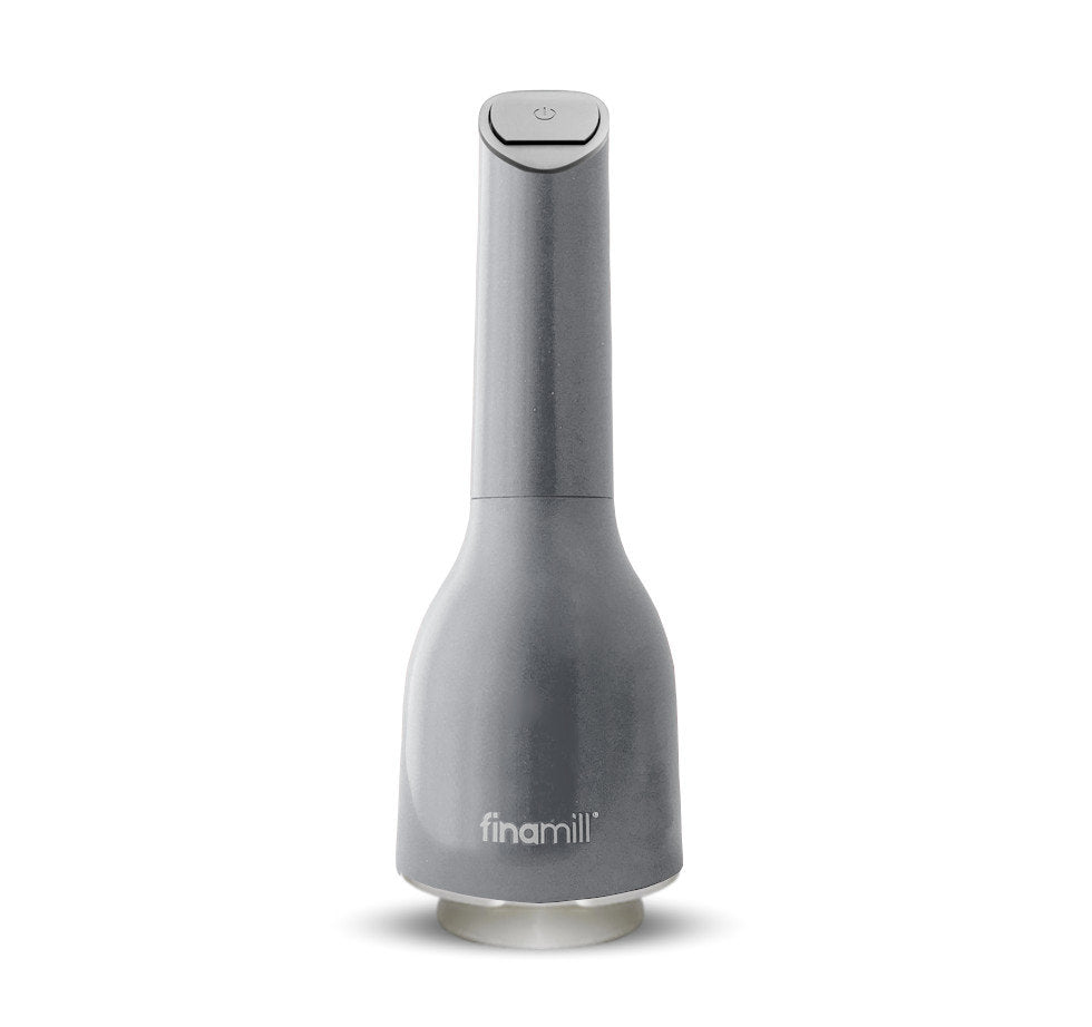 Elegantes und puristisches Design der batteriebetriebenen FinaMill Gewürzmühle in der Farbe Stein-Grau