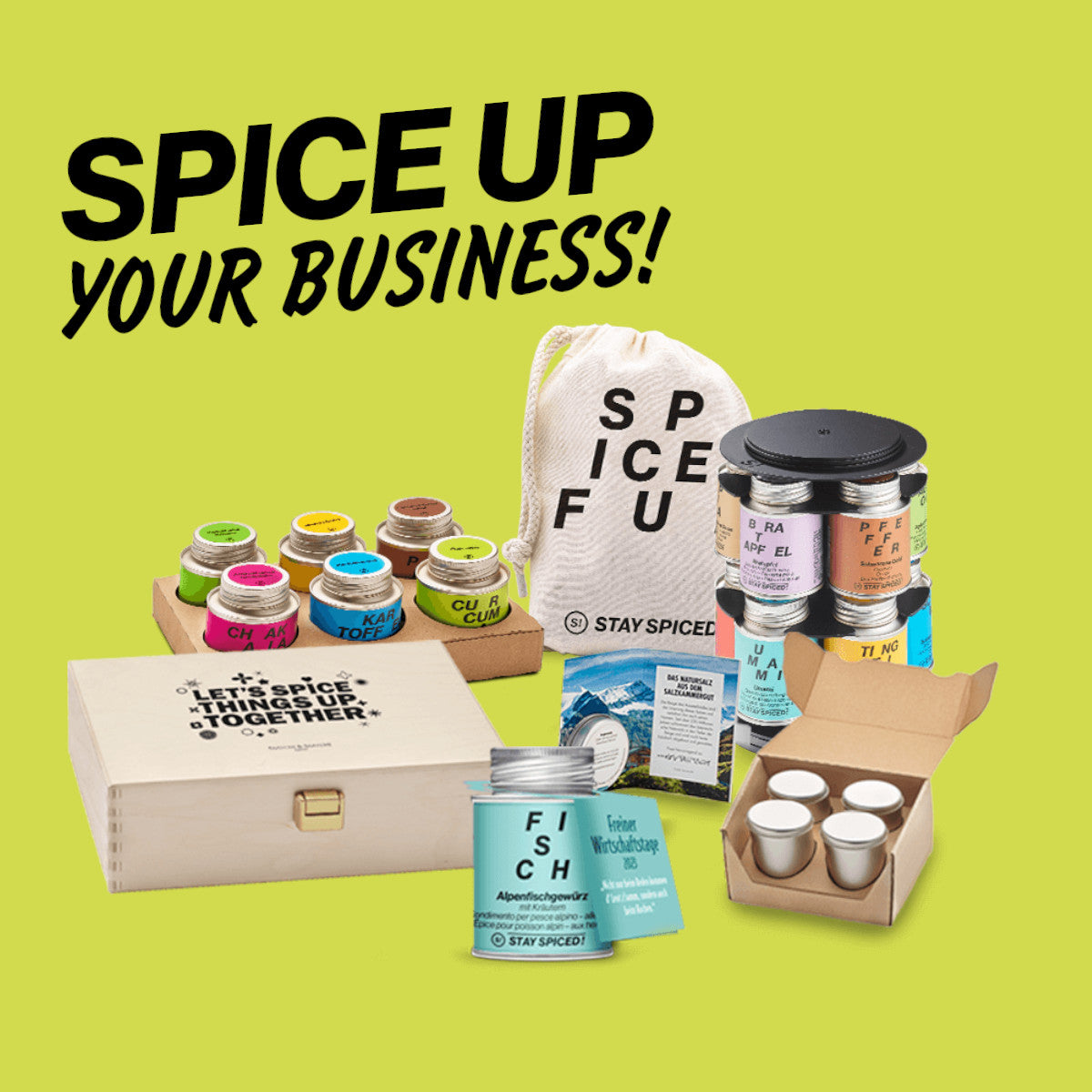 Verschiedene STAY SPICED! Gewürz-Geschenkboxen und Sets im individuellen Firmendesign