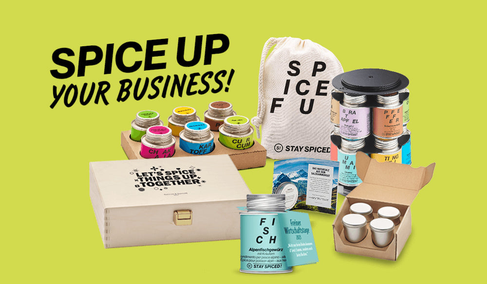 Verschiedene STAY SPICED! Gewürz-Geschenkboxen und Sets im individuellen Firmendesign