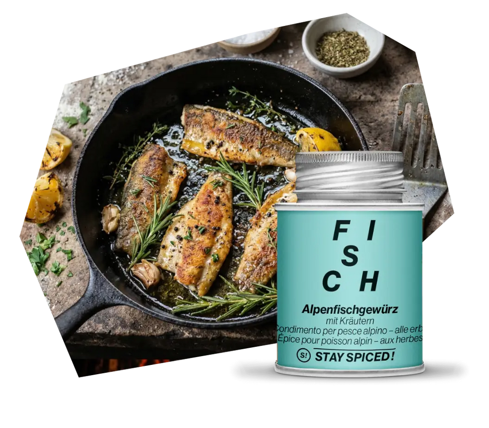 Zarte Fischfilets in einer gusseisernen Pfanne mit Kräutern und Alpenfischgewürz online kaufen bei chefkoch-gewürze Schweiz