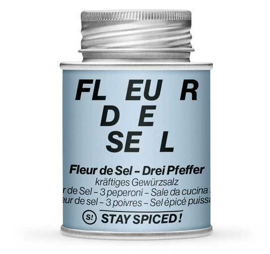 Fleur de Sel Drei Pfeffer - Geschlossene hellblaue Gewürzdose von STAY SPICED