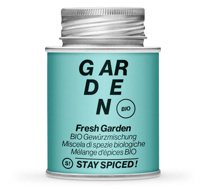 BIO Fresh Garden Gewürzmischung - Geschlossene hellblaue Gewürzdose von STAY SPICED!