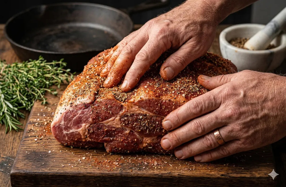 Grosses Fleischstück wird von Hand mit einem feinen Dry Rub einmassiert online kaufen bei chefkoch-gewürze Schweiz