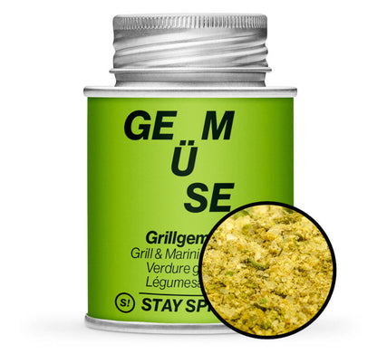 Grillgemüse Gewürz - Hellgrüne Gewürzdose mit kleiner runder Gewürz-Vorschau von STAY SPICED ! bei Chefkoch-Gewürze