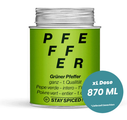 Grüner Pfeffer ganz Malabar in der grossen XL-Dose (870ml) von STAY SPICED!
