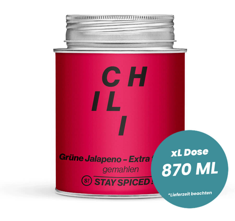 Jalapeno Chili grün gemahlen in der grossen XL-Dose (870ml) von STAY SPICED