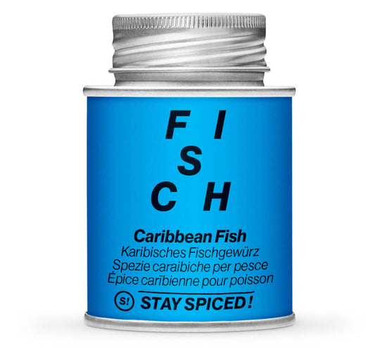 Karibisches Fischgewürz, Caribbean Fish - Geschlossene blaue Gewürzdose von STAY SPICED!