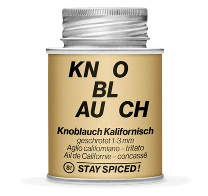 Hellbraune Gewürzdose mit Knoblauchflakes, geschrotet 1-3mm von STAY SPICED! bei Chefkoch-Gewürze
