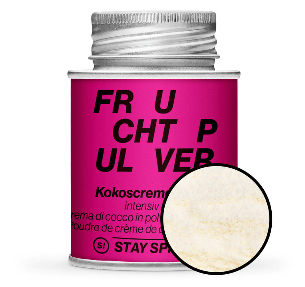Kokoscreme Pulver - Pinke Gewürzdose mit kleiner runder Gewürz-Vorschau von STAY SPICED! bei Chefkoch-Gewürze