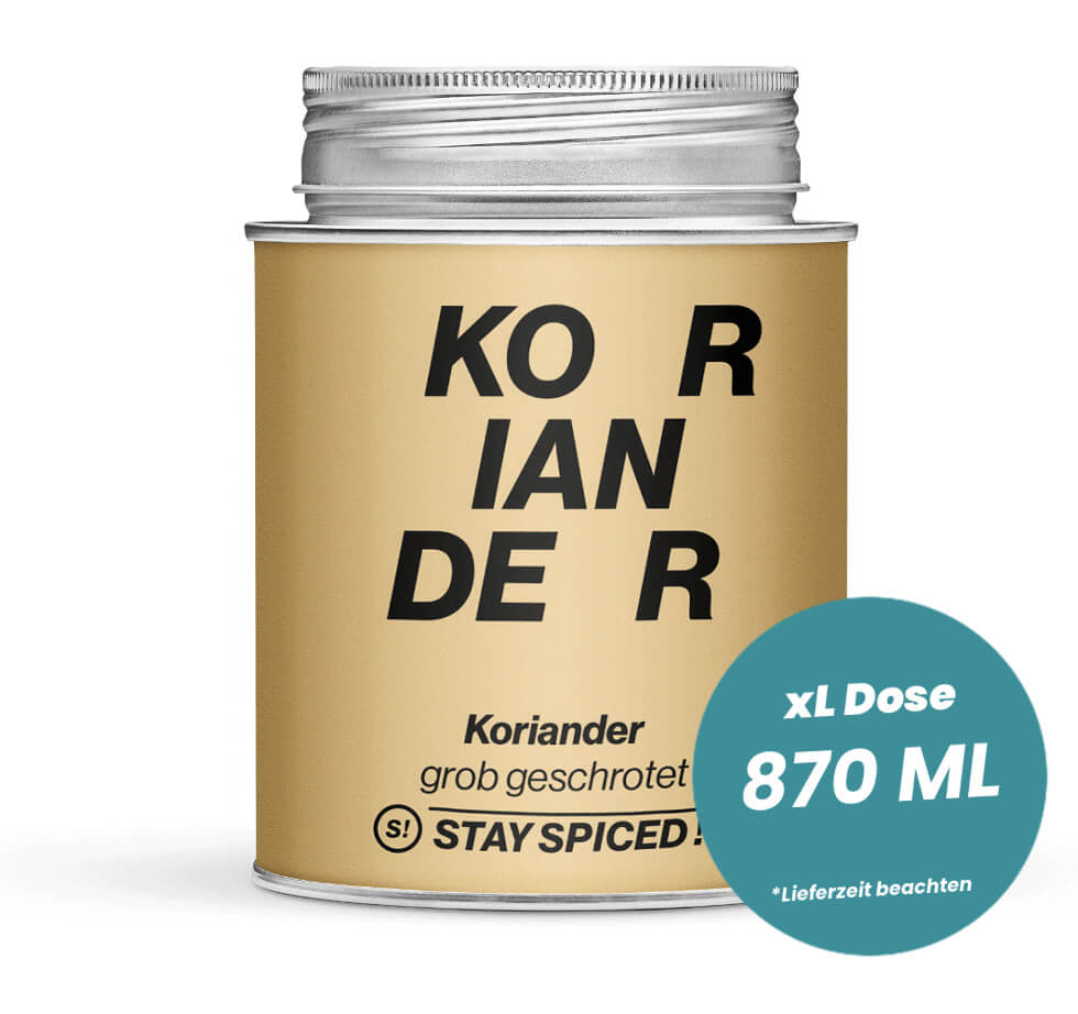 Koriander grob geschrotet in der grossen XL-Dose (870ml) von STAY SPICED!