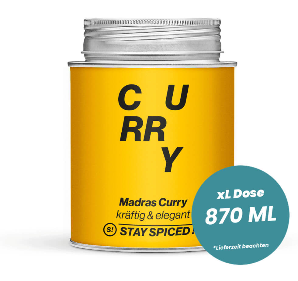 Madras Curry, kräftig & elegant in der grossen XL-Dose (870ml) von STAY SPICED