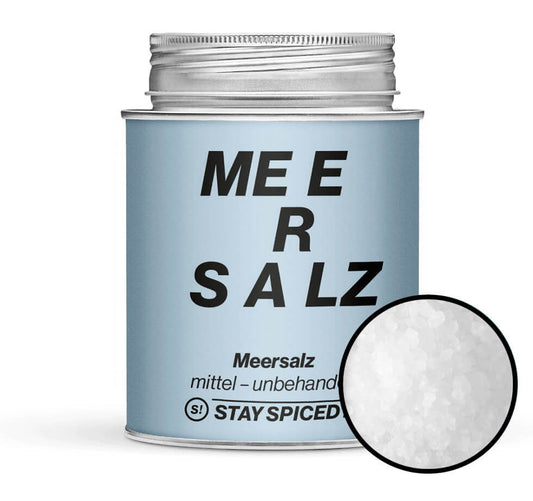 Meersalz mittel unbehandelt - Hellblaue Gewürzdose mit kleiner runder Gewürz-Vorschau von STAY SPICED! bei Chefkoch-Gewürze