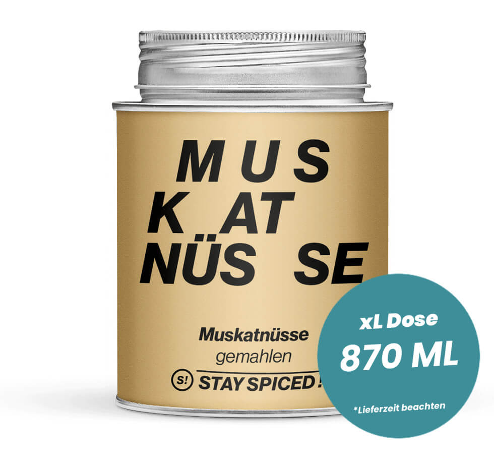 Muskatnüsse dunkel gemahlen in der grossen XL-Dose (870ml) von STAY SPICED!