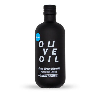 Schwarze 500ml Flasche STAY SPICED ! Extra Natives Olivenöl Frühernte aus Koroneiki Oliven