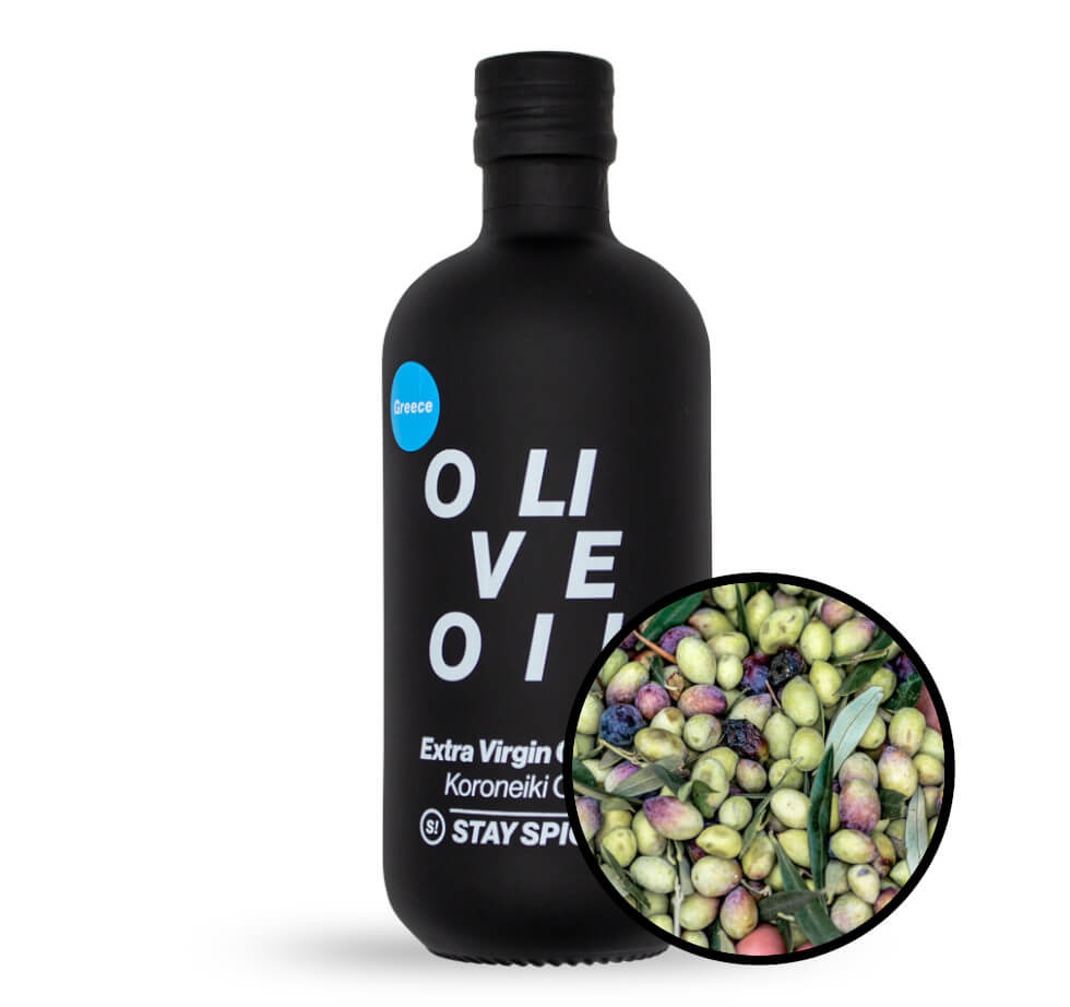 Extra Natives STAY SPICED! Olivenöl Frühernte Flasche mit Detailansicht von unreifen grünen Koroneiki Oliven