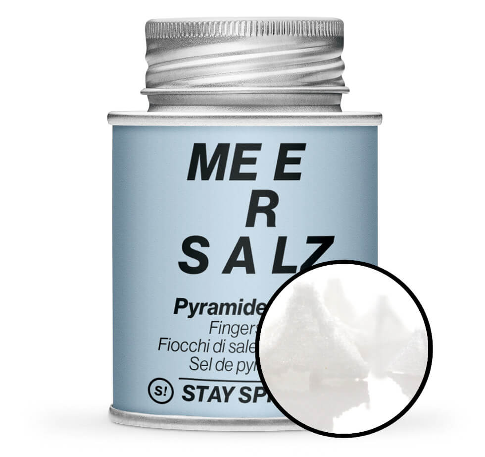 Pyramidensalz Schneeflockensalz - Hellblaue Gewürzdose mit kleiner runder Gewürz-Vorschau von STAY SPICED! bei Chefkoch-Gewürze