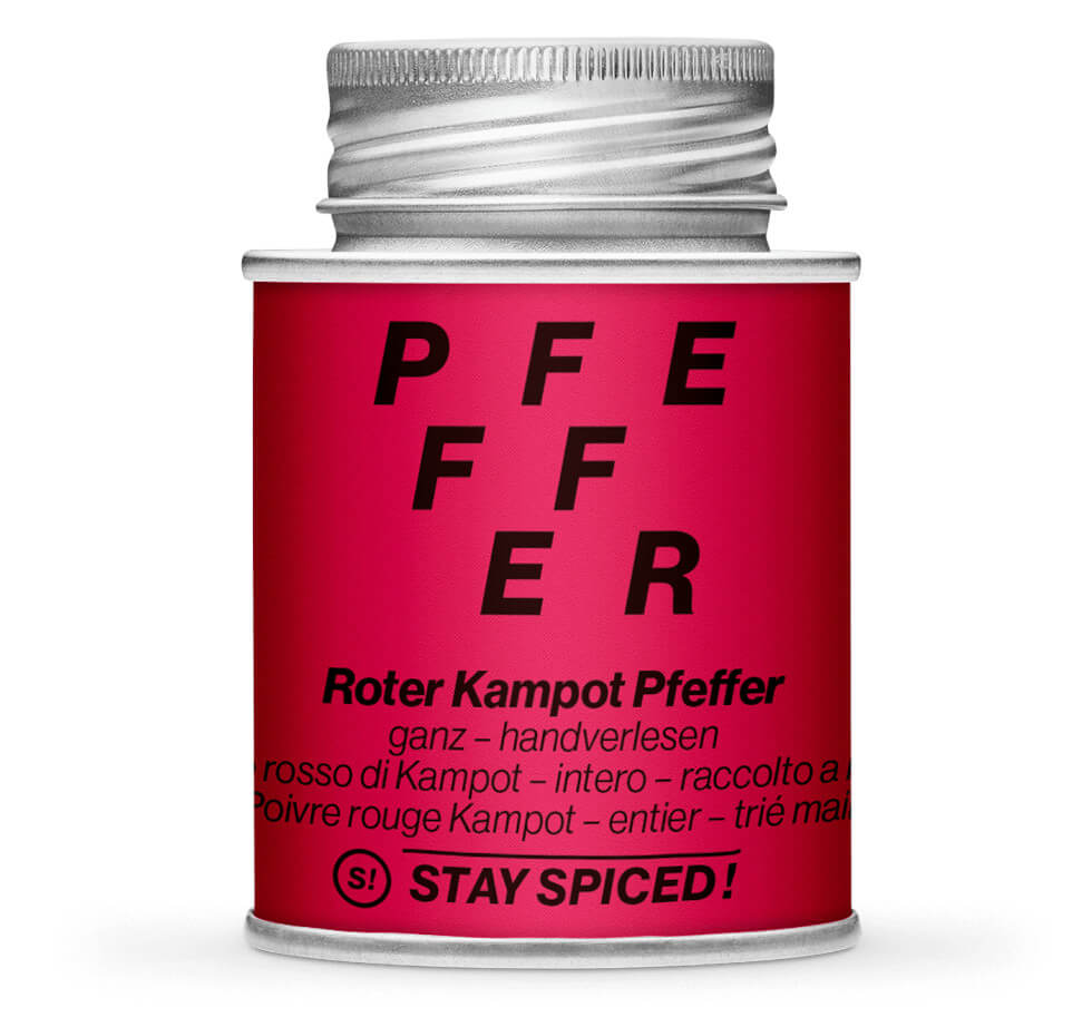 Roter Kampot Pfeffer handsortiert - Geschlossene Rot Gewürzdose von STAY SPICED !